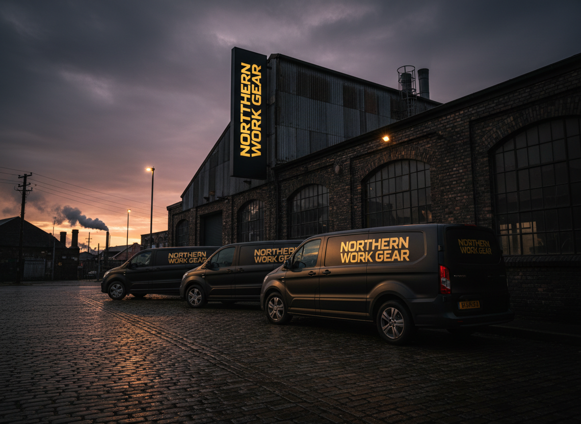 Northern Work Gear branded fleet of vans with gold vinyl graphics parked in front of illuminated shop front signage at dusk