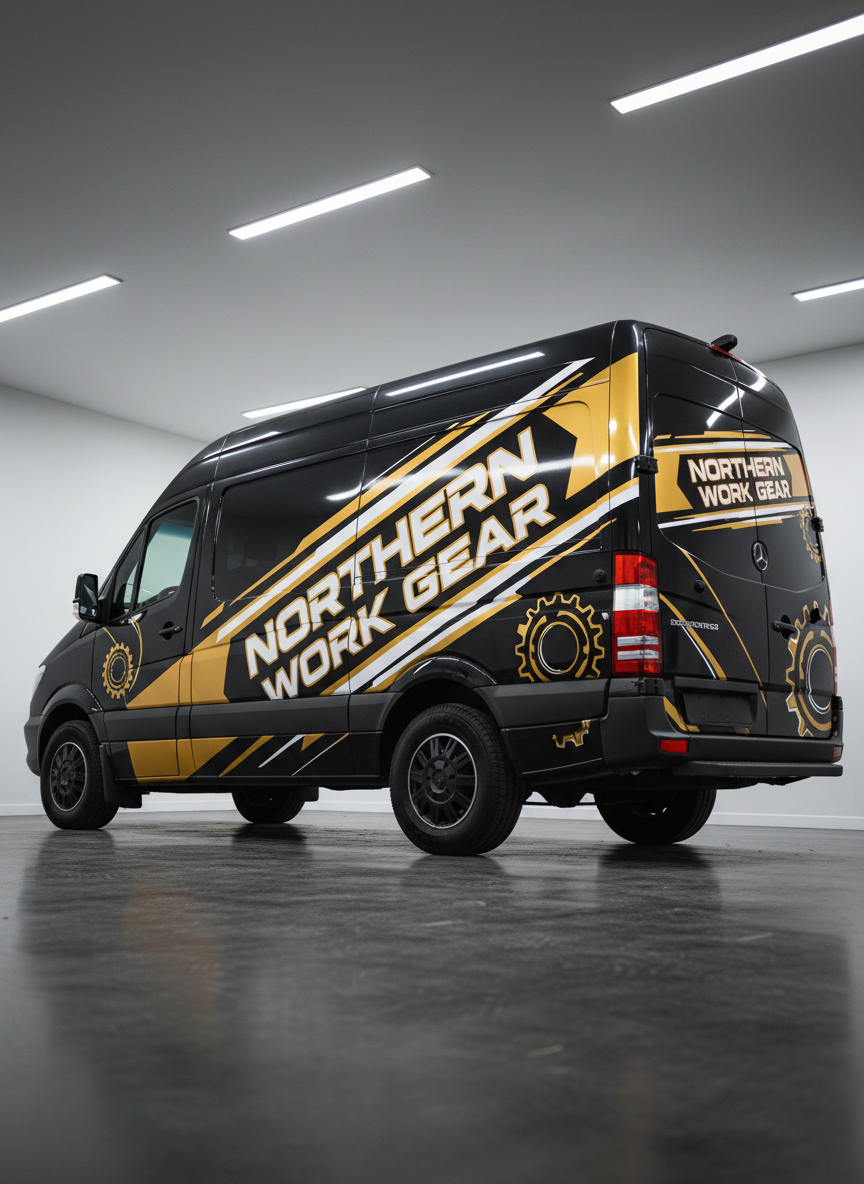 Sleek black van with full Northern Work Gear gold vinyl vehicle wrap