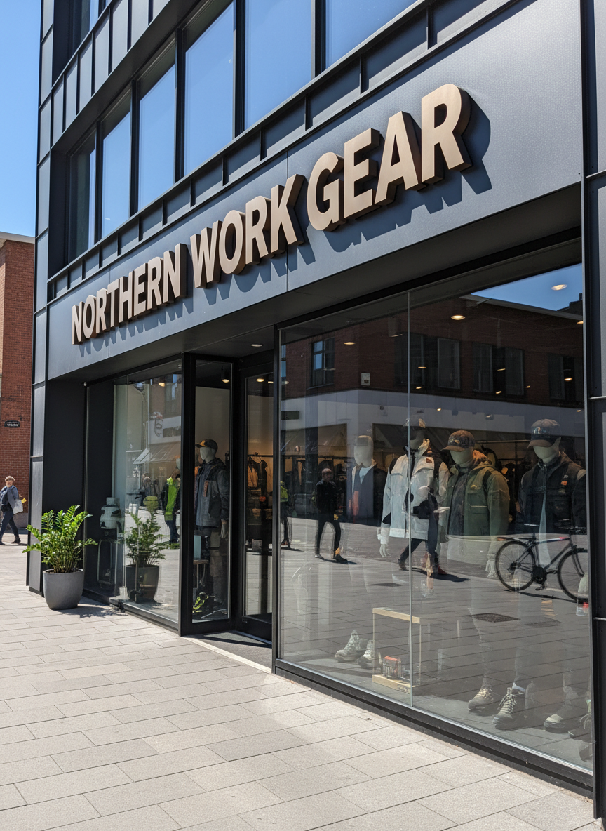 Modern shop front with bold dimensional Northern Work Gear lettering on dark fascia, natural daylight