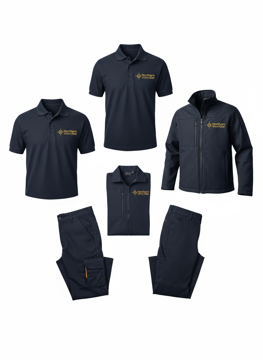 Northern Work Gear embroidered polo shirts and workwear jackets, gold logo on navy fabric