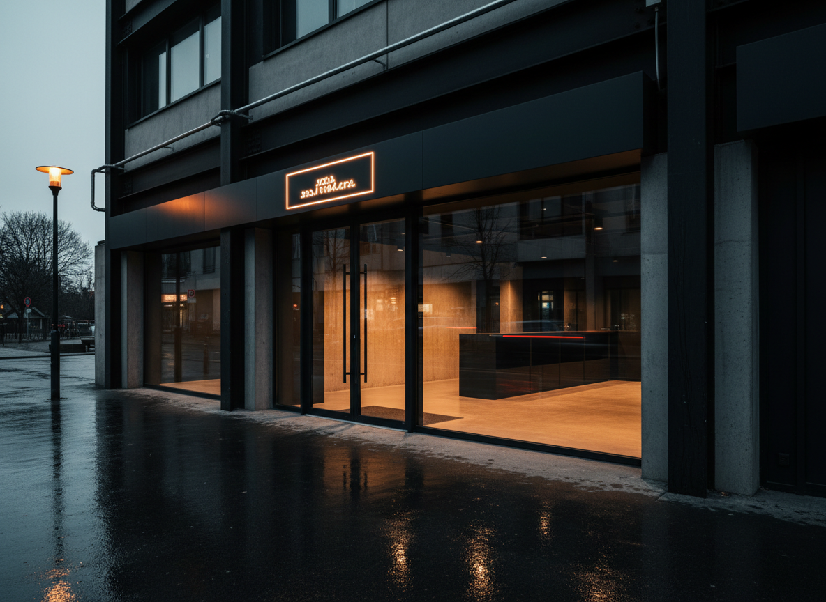 A dark, moody shop front at night or dusk. Black and dark charcoal tones. A modern commercial retail unit with a lit fascia sign above the entrance. Subtle warm lighting from the shop interior glowing through the window. Dark wet pavement reflecting light. Industrial, cinematic feel. No people. High quality photography style.